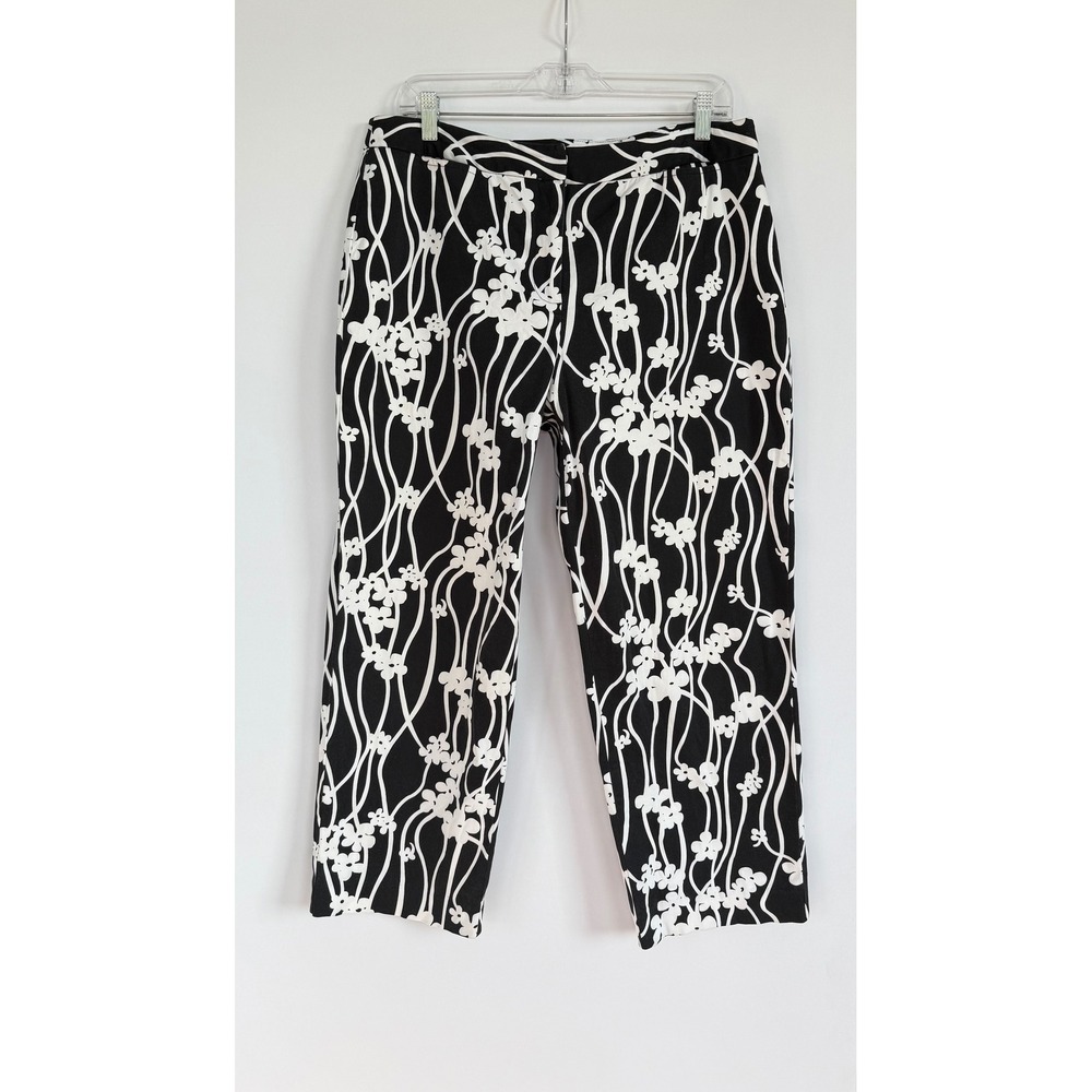 Talbots Womens 14 Black White Floral Vine Print Stretch Crop Pants Trouser Artsy